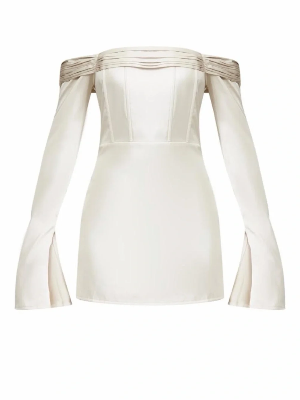 PrettyLittleThing Cream Off-Shoulder Satin Mini Dress with Flared Sleeves